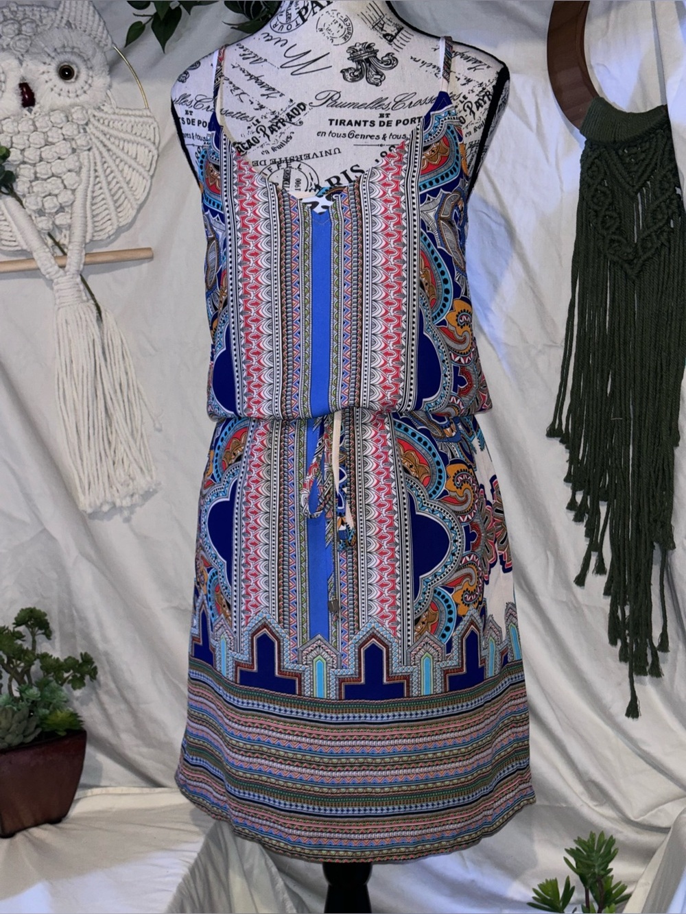 Lucy & Laurel Printed Spaghetti Strap Dress | Size 4 | Boho Geometric Dress ✨